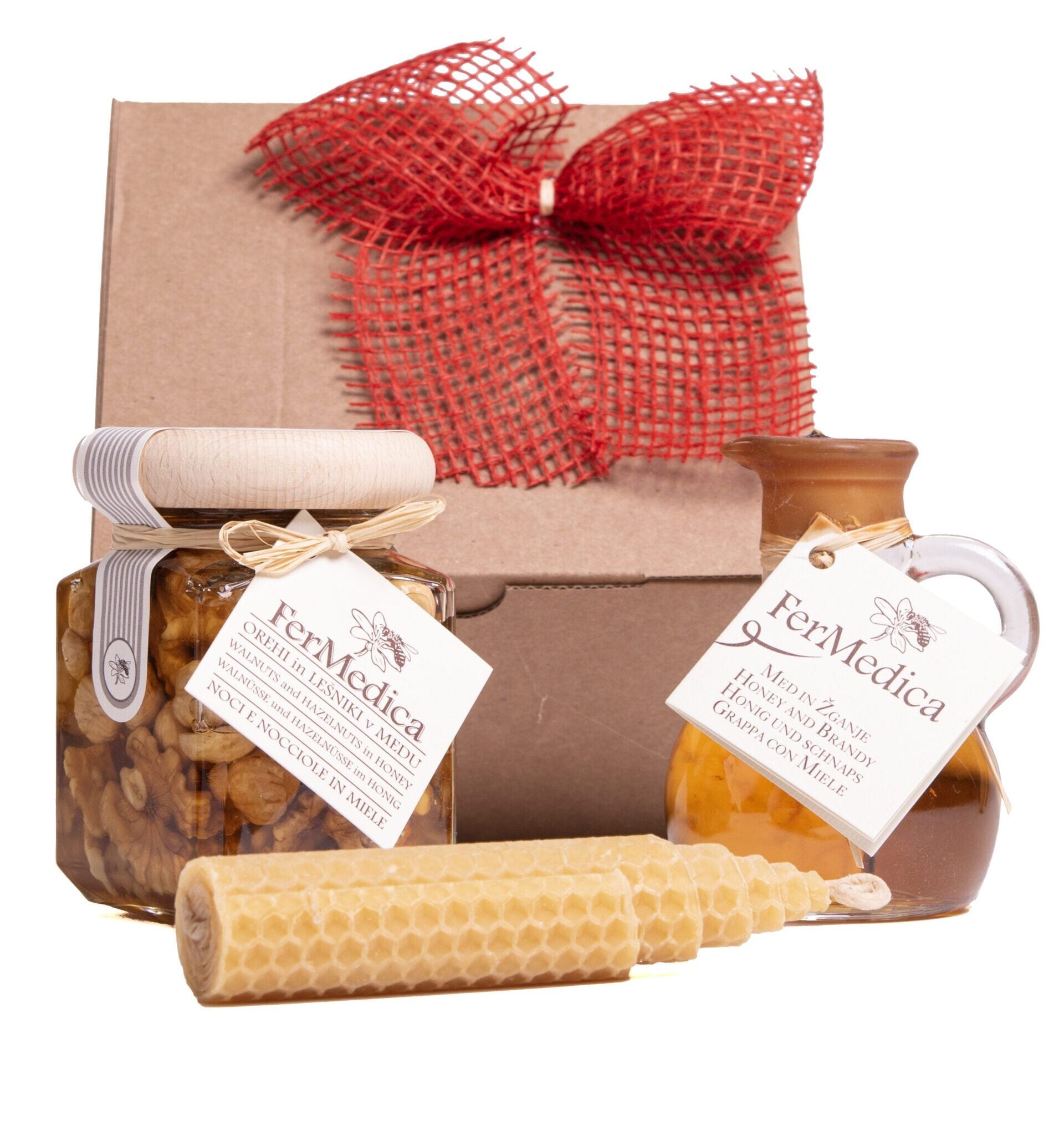 Gift Set - Honey and Spirits 0.1 l, Walnuts and Hazelnuts in Honey 250 g, Beeswax Candle