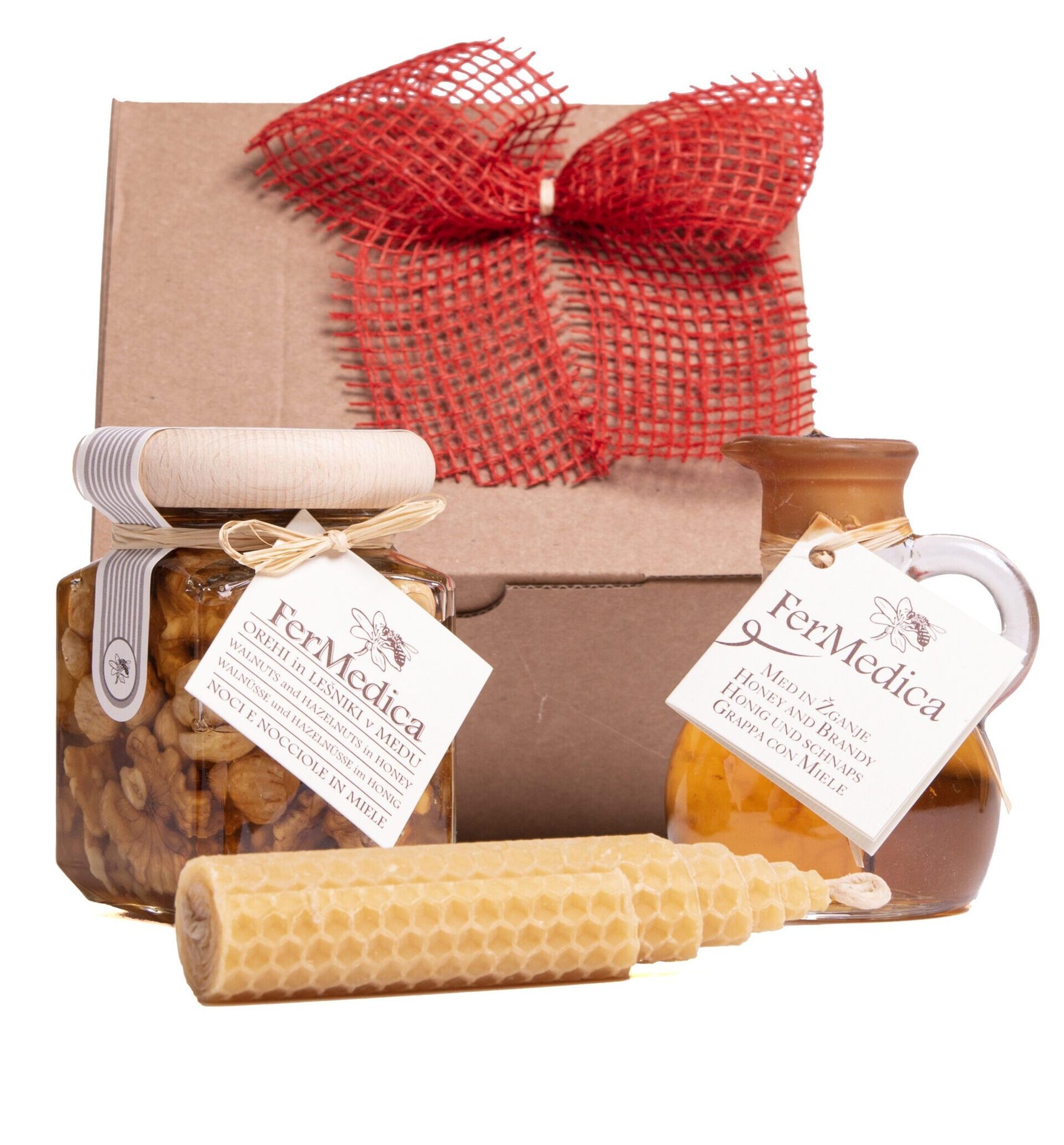 Gift Set - Honey and Spirits 0.1 l, Walnuts and Hazelnuts in Honey 250 g, Beeswax Candle