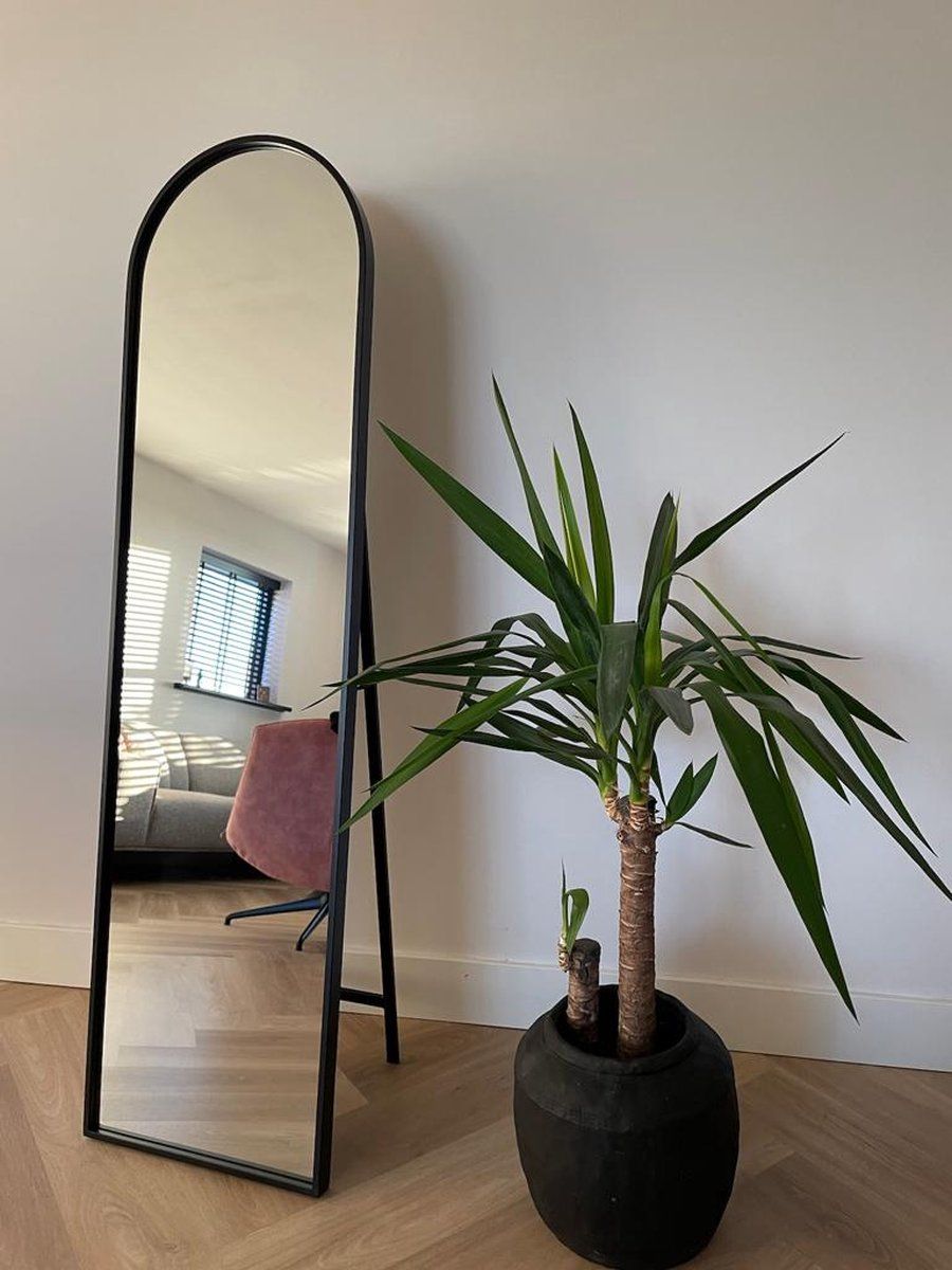 Full-length mirror - black - metal - round top - 150cm x 40cm
