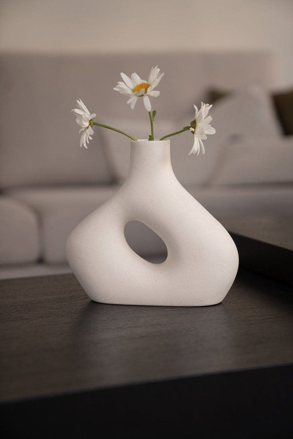 Indore Home - Vaas Alberti - Flower Vase - Living Room Decoration - White Vase - Hollow Vase - Donut Vase