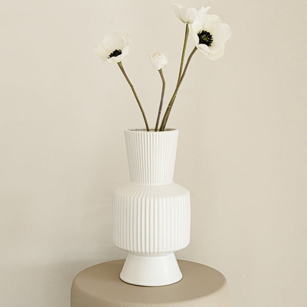 Indore Home - Boho Vase - Flower Vase - Ribbed Vase - Living Room Decoration - White Vase - L