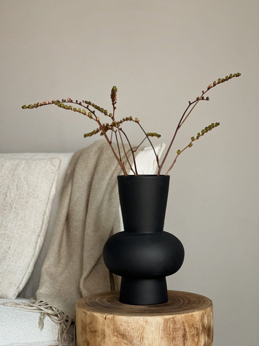 Indore Home - Vase Ann - XL - Black Vase - Flower Vase - Living Room Decoration - 30cm - Round Vase