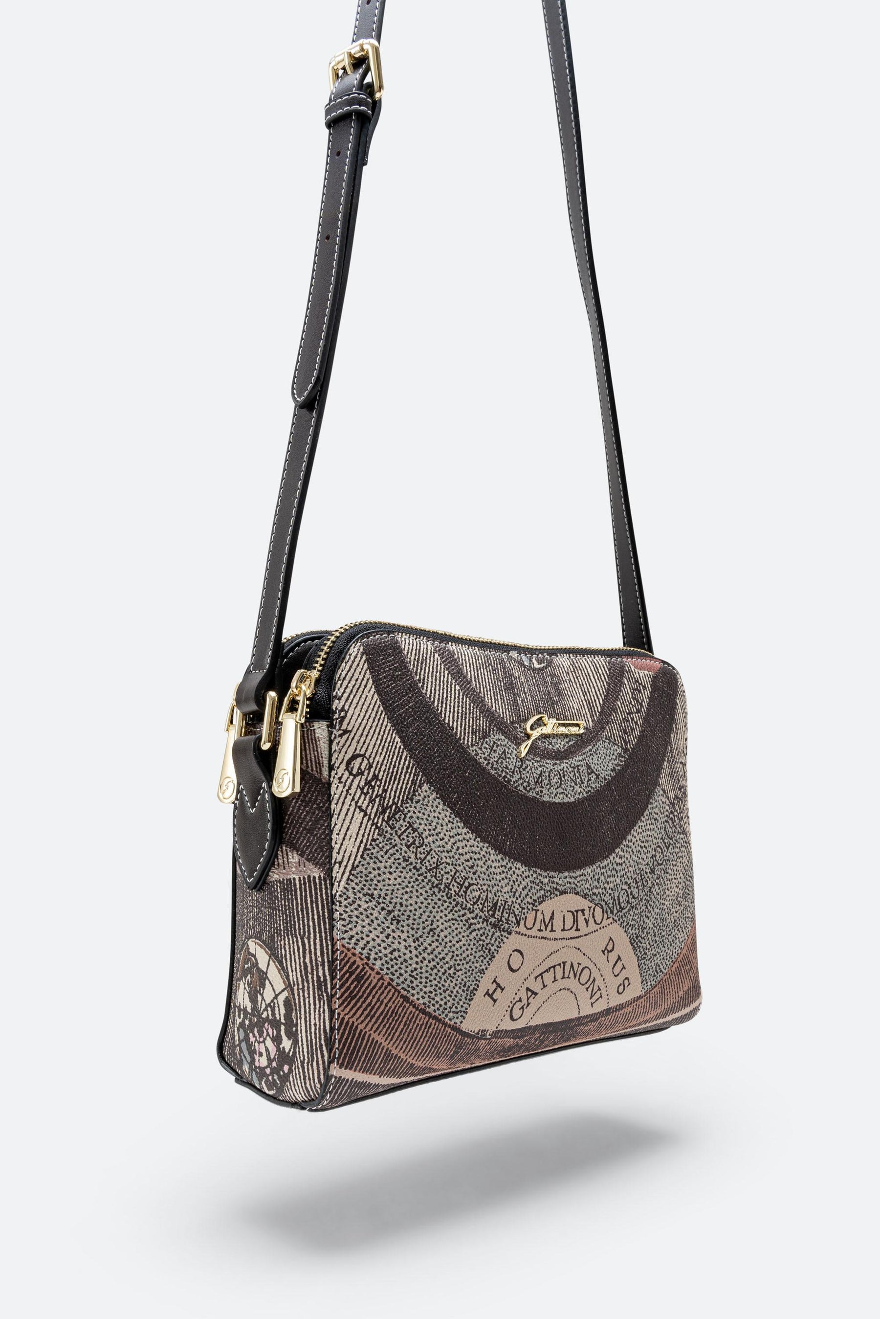 Planetarium Diana Double Zip Shoulder Bag in Dark Brown Leather Finish