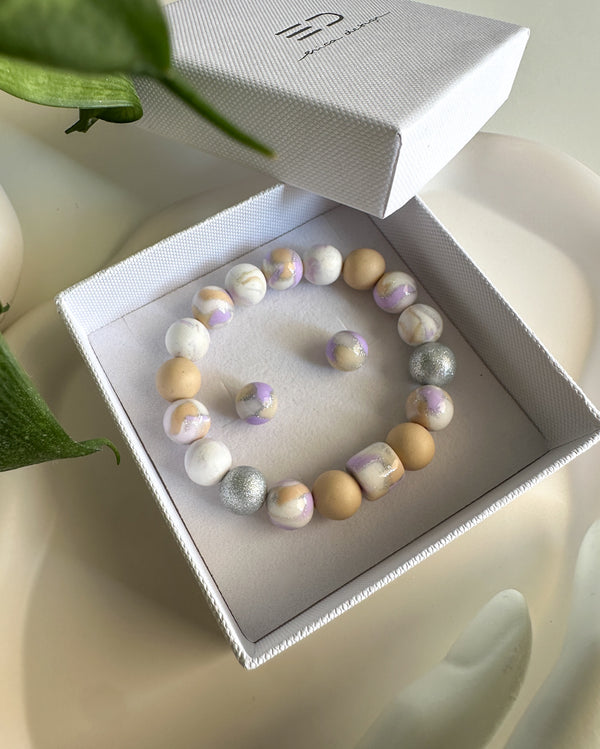 bracelet, earrings | BULB LIMITED | purple, beige