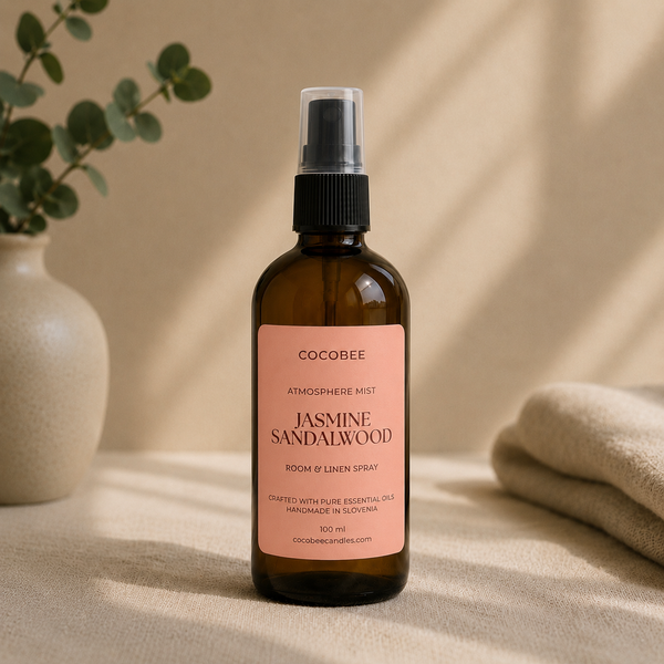 CocoBee Jasmine Sandalwood Atmosphere Mist styled with linen and eucalyptus
