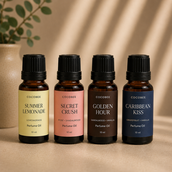 Four CocoBee perfume oils in Summer Lemonade, Secret Crush, Golden Hour and Caribbean Kiss