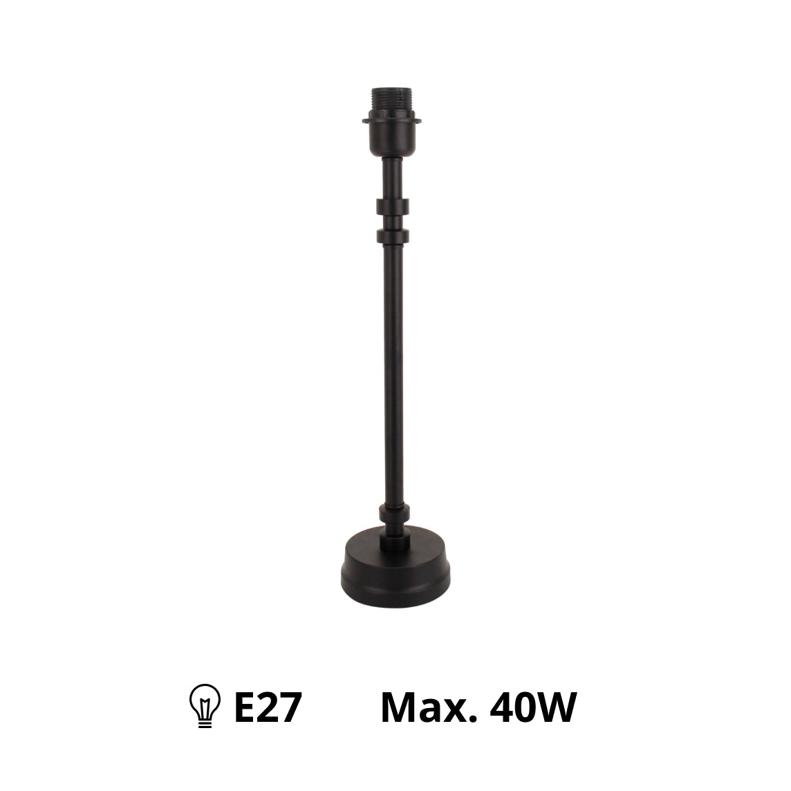 Schwarzer Metall-Lampenfuß mit E27-Fassung, erhältlich in 38 cm und 45 cm Höhe.