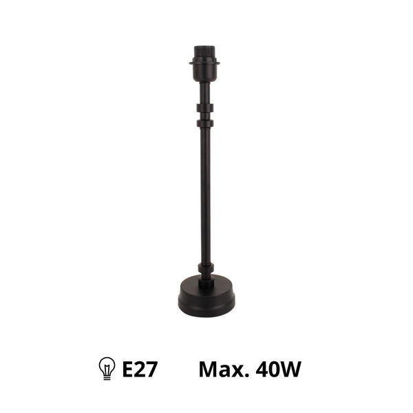 Schwarzer Metall-Lampenfuß mit E27-Fassung, erhältlich in 38 cm und 45 cm Höhe.