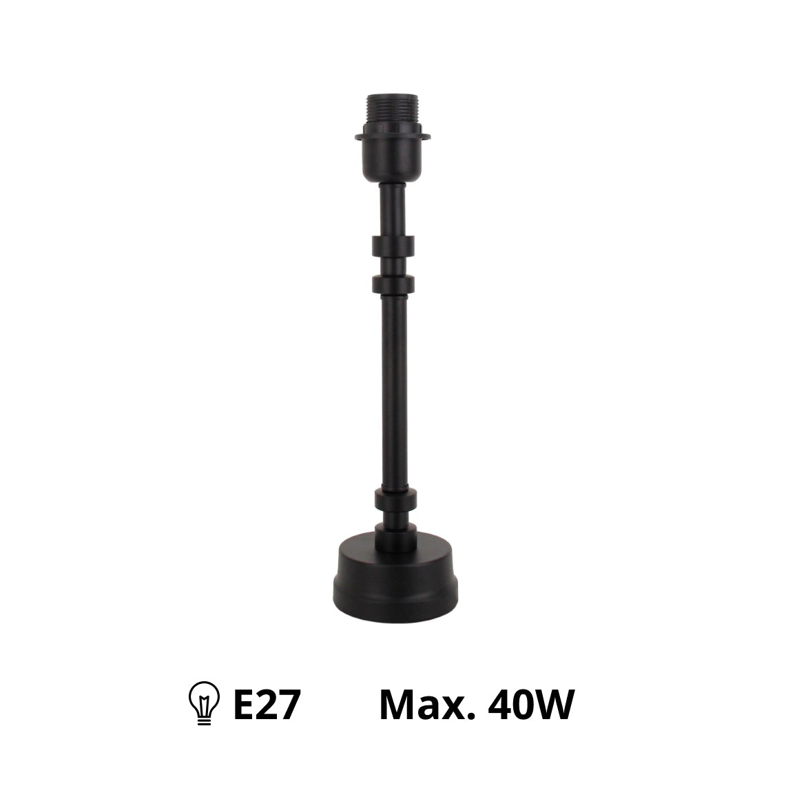 Stilvoller Metall-Lampenfuß in Schwarz mit E27-Sockel, perfekt für modernes Wohnen.
