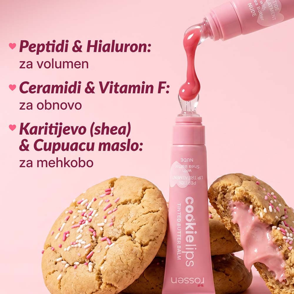 Promotional image for Cookie Lips tinted butter balm with pink packaging beside cookies on a pink background.