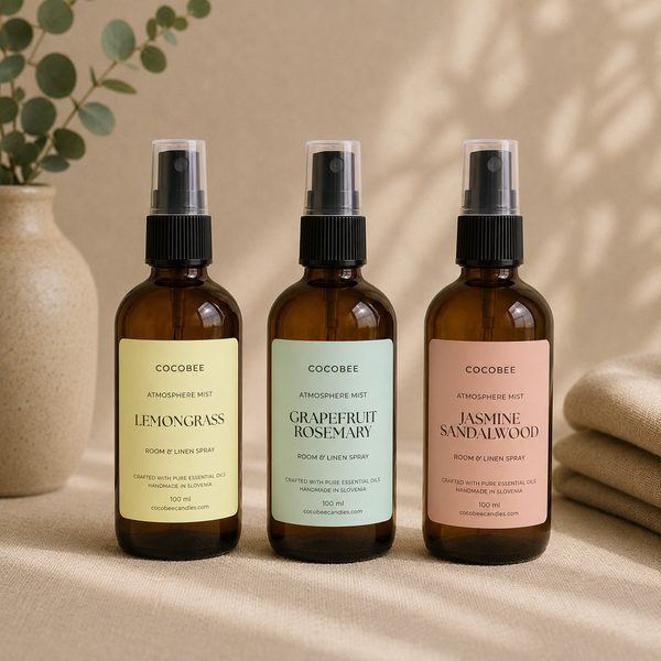 Three CocoBee Atmosphere Mist room and linen sprays in amber bottles