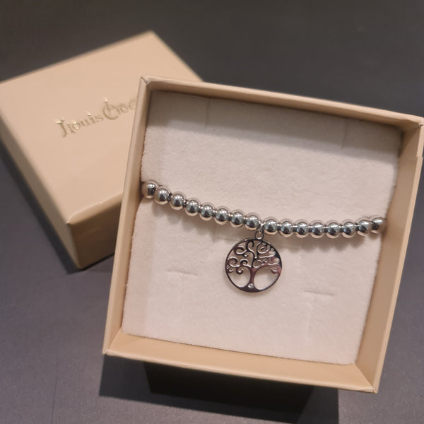 Bracelet in steel with shiny spheres and central pendant tree of life cut-out