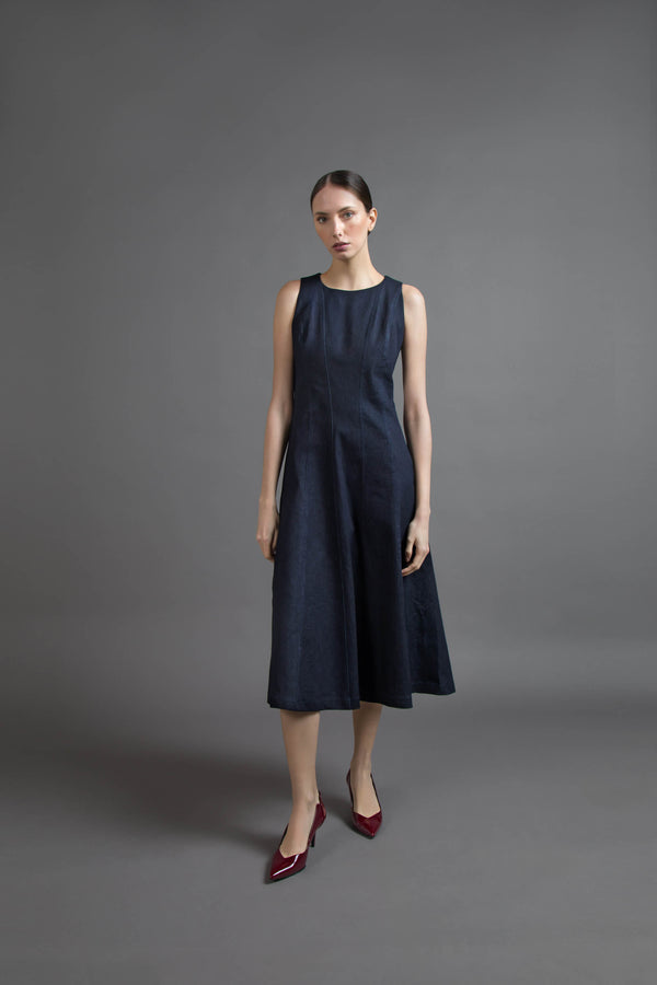 MIDI DRESS IN PATCHWORK DENIM