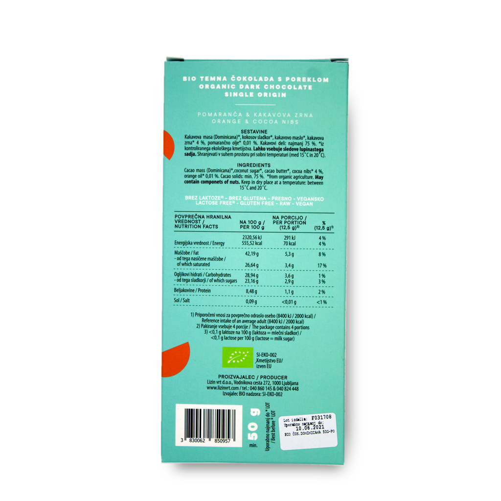 Temna čokolada (EKO) s poreklom - DOMINIKANA 75% - pomaranča s kakavovimi zrni 50 g