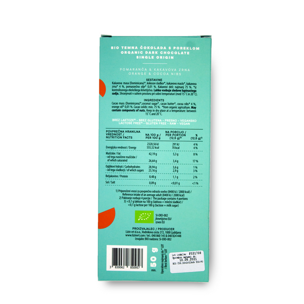 Temna čokolada (EKO) s poreklom - DOMINIKANA 75% - pomaranča s kakavovimi zrni 50 g