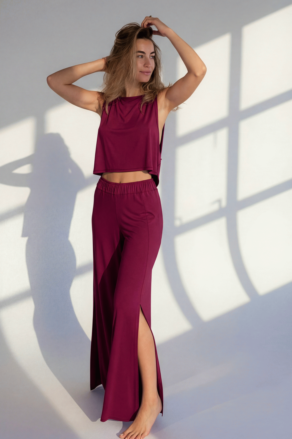 Bamboo Side Slit Long Pants | Loreen Label Size: S/M Long, Colour: Burgundy