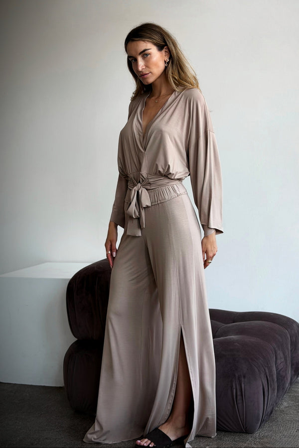 Bamboo Side Slit Long Pants | Loreen Label Size: S/M Long, Colour: Taupe