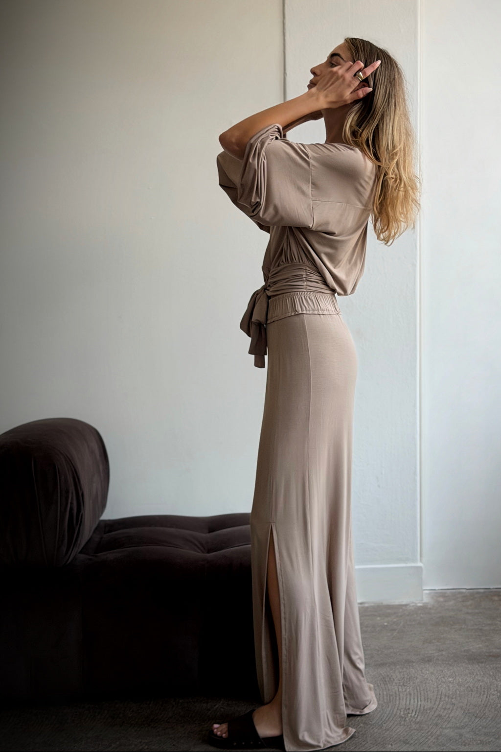 Bamboo Side Slit Long Pants | Loreen Label Size: S/M Long, Colour: Taupe