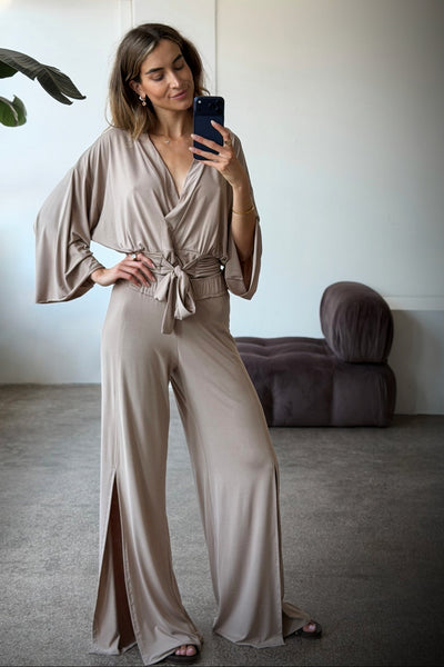 Calças Longas com Fenda Lateral em Bambu | Loreen Label Tamanho: S/M Longo, Cor: Taupe