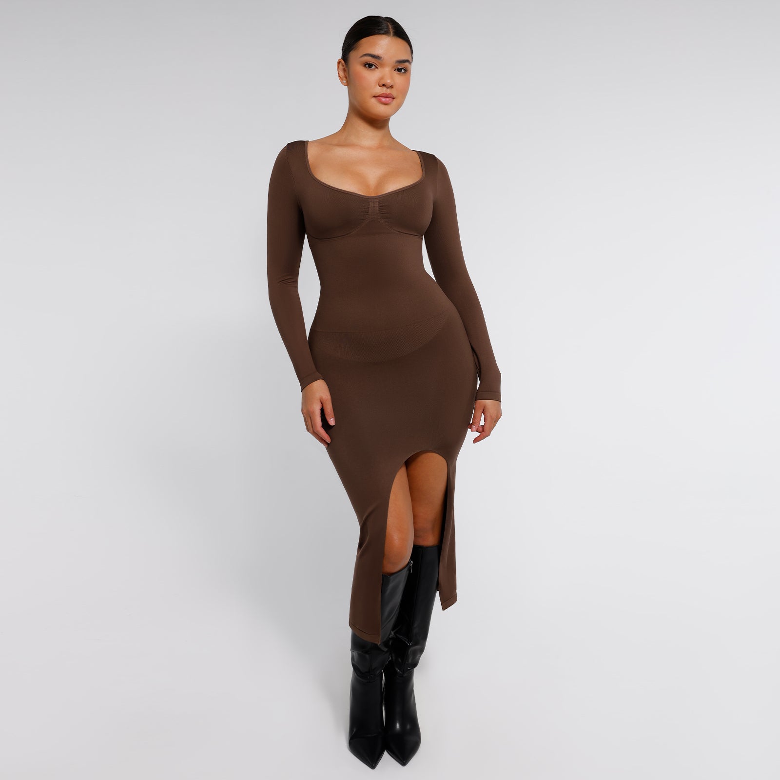 Shaping Dress with Long Sleeves, BROWN size other: XL/XXL