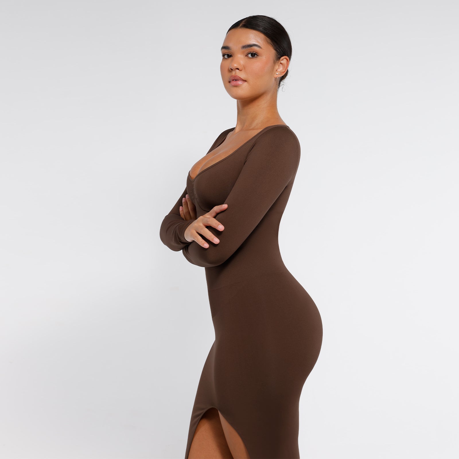 Shaping Dress with Long Sleeves, BROWN size other: XL/XXL