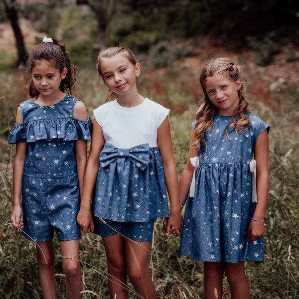 DENIM STAR RUFFLE T-SHIRT WITH BOW