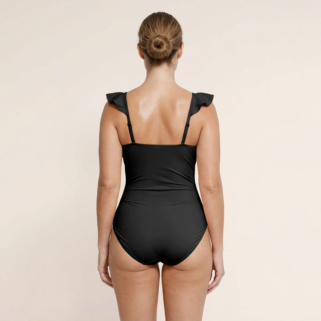 Shaping One-Piece Swimsuit with Ruffles, BLACK Size: 3XL