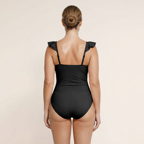 Shaping One-Piece Swimsuit with Ruffles, BLACK Size: 3XL
