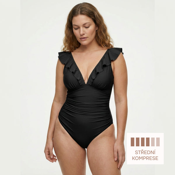 Shaping One-Piece Swimsuit with Ruffles, BLACK Size: XXL