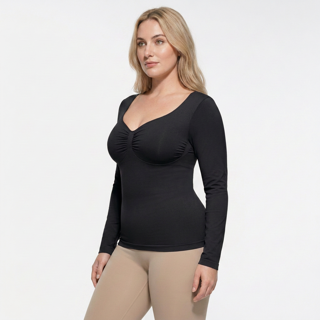 Seamless Shaping Top with Long Sleeves, BLACK M