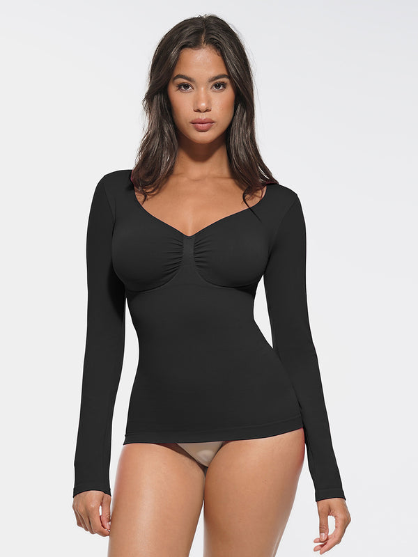 Seamless Shaping Top with Long Sleeves, BLACK Size: M