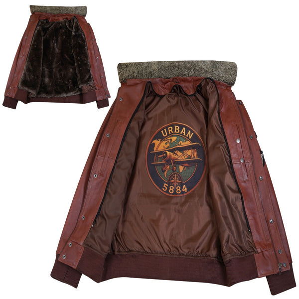 N Pilot - Leather Men's Jacket with Removable Collar - Brandy