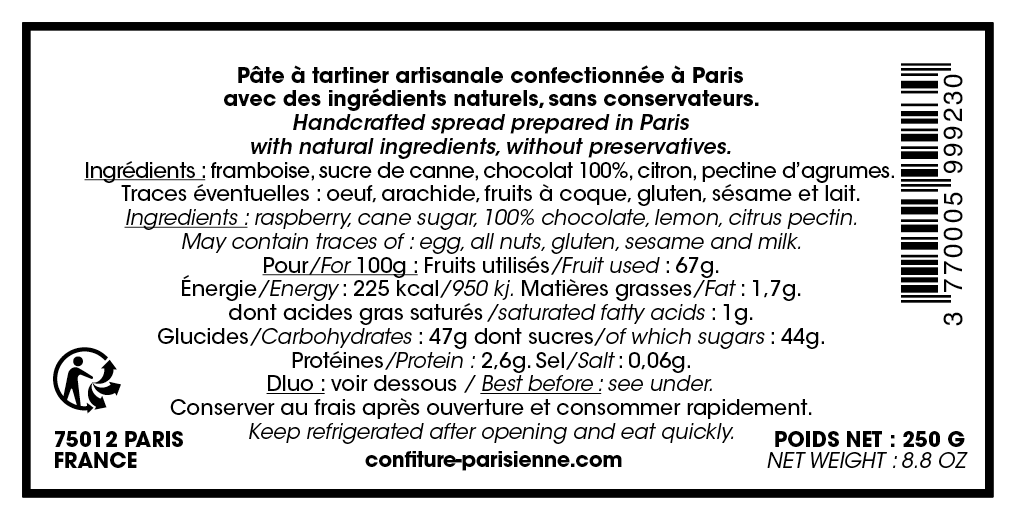 Confiture Parisienne - Tartine Chocolat Framboise infos