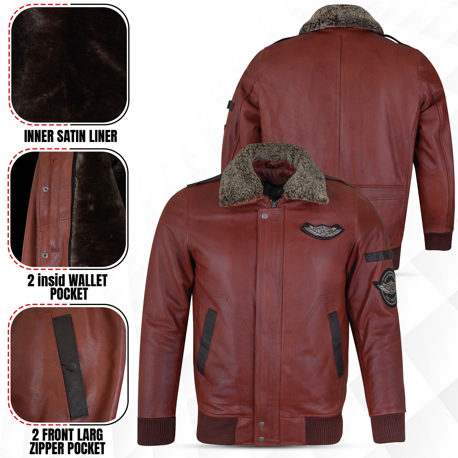 N Pilot - Leather Men's Jacket with Removable Collar - Brandy