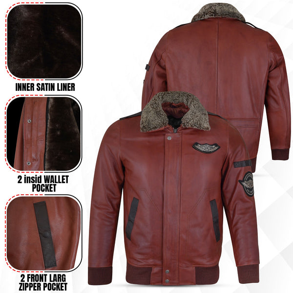 N Pilot - Leather Men's Jacket with Removable Collar - Brandy
