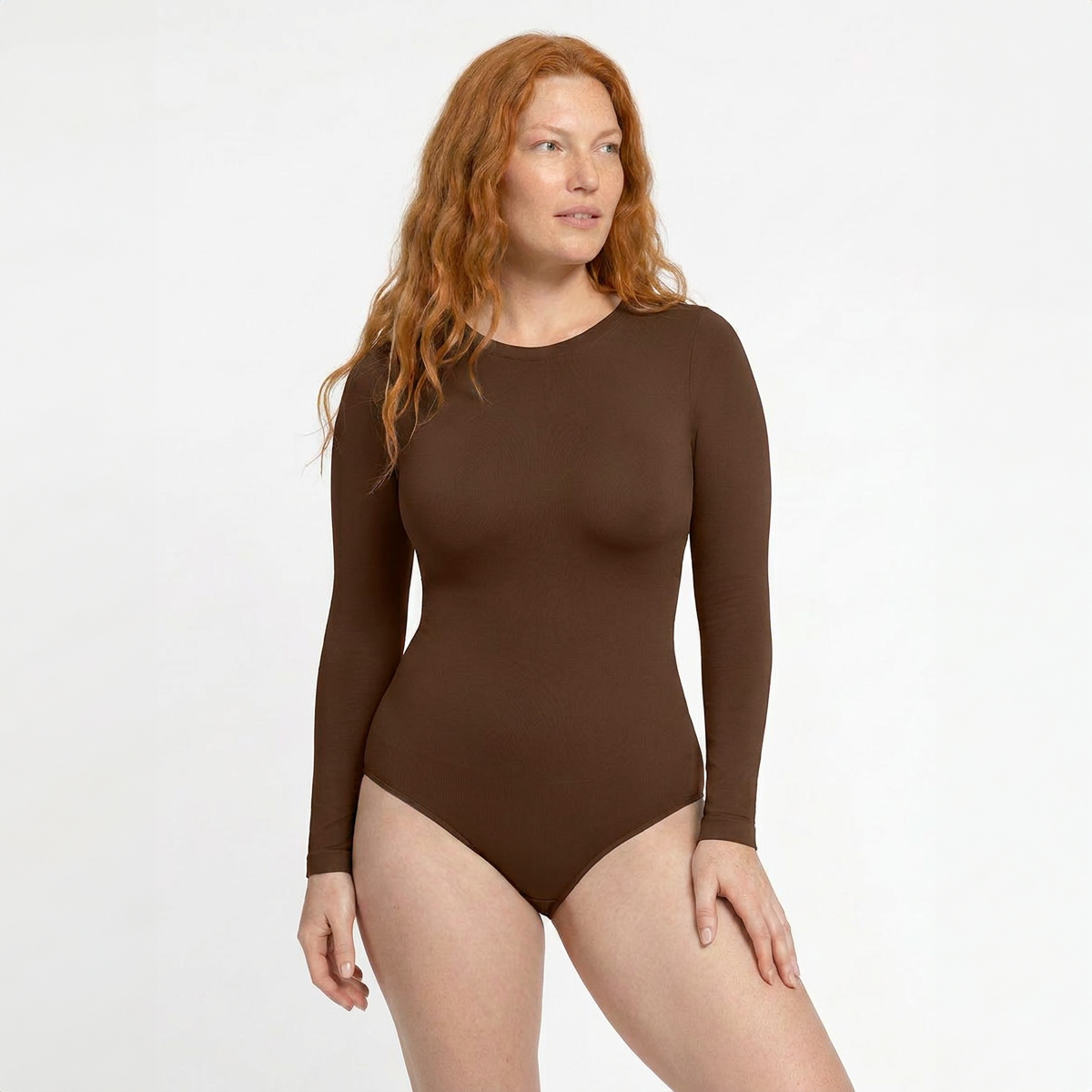 Tvarující body s dlouhým rukávem a klasickým kalhotkovým střihem, HNĚDÉ velikost ostatní: 3XL/4XL