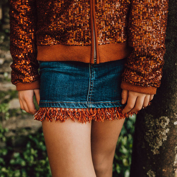 DENIM MINI SKIRT WITH FRINGE DETAIL