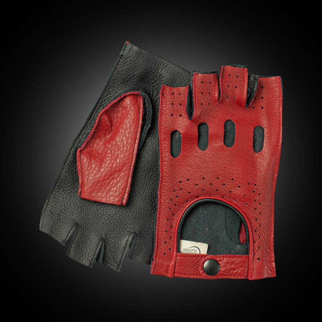 Red and Black Fingerless Leather Driving Gloves Made from American Deer