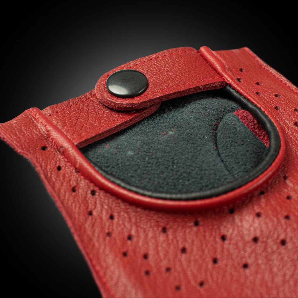 Red and Black Fingerless Leather Driving Gloves Made from American Deer