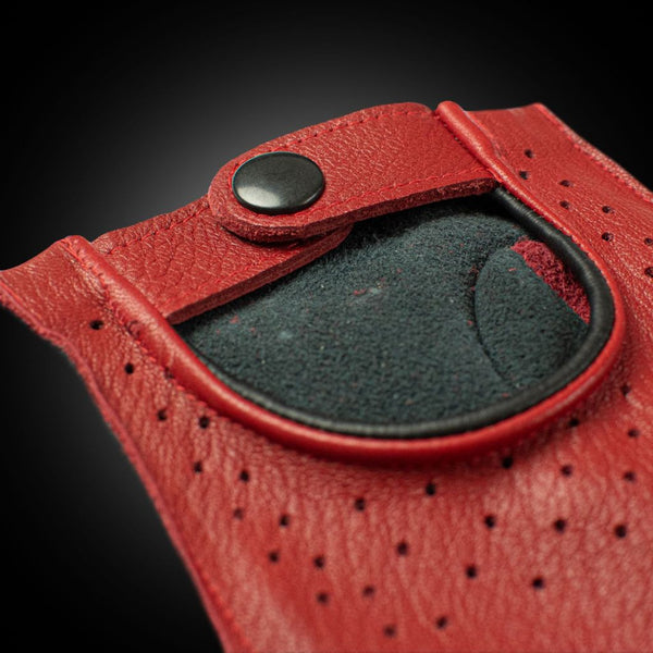 Red and Black Fingerless Leather Driving Gloves Made from American Deer