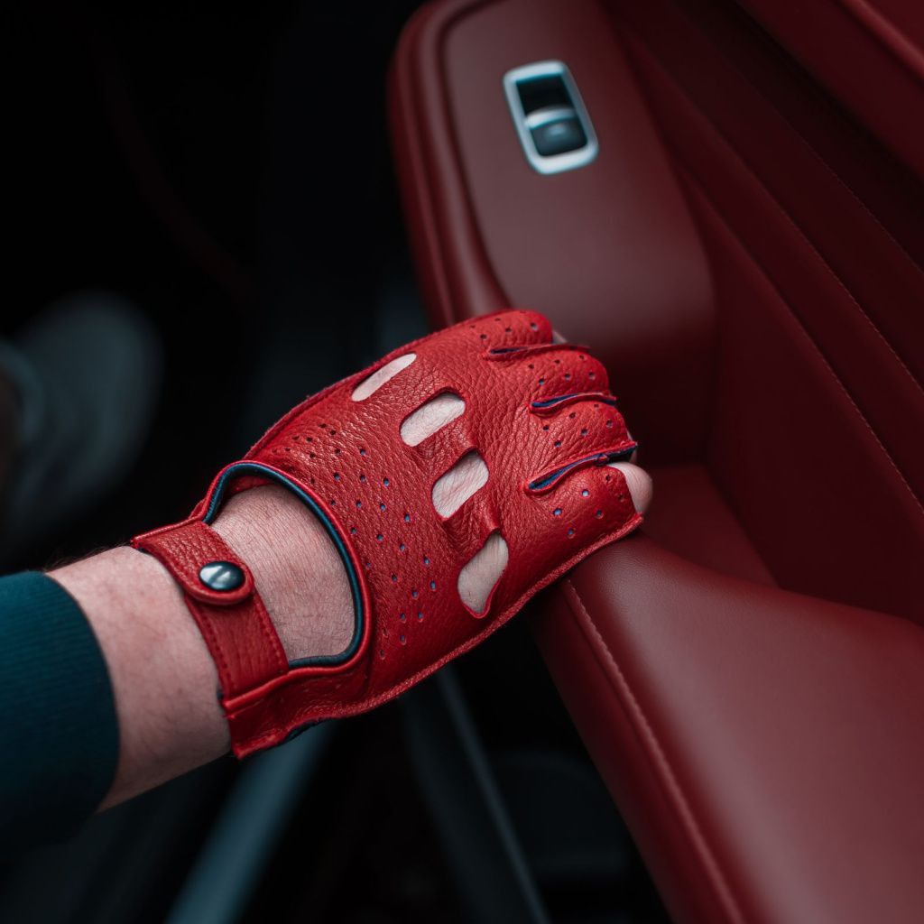 Red and Black Fingerless Leather Driving Gloves Made from American Deer