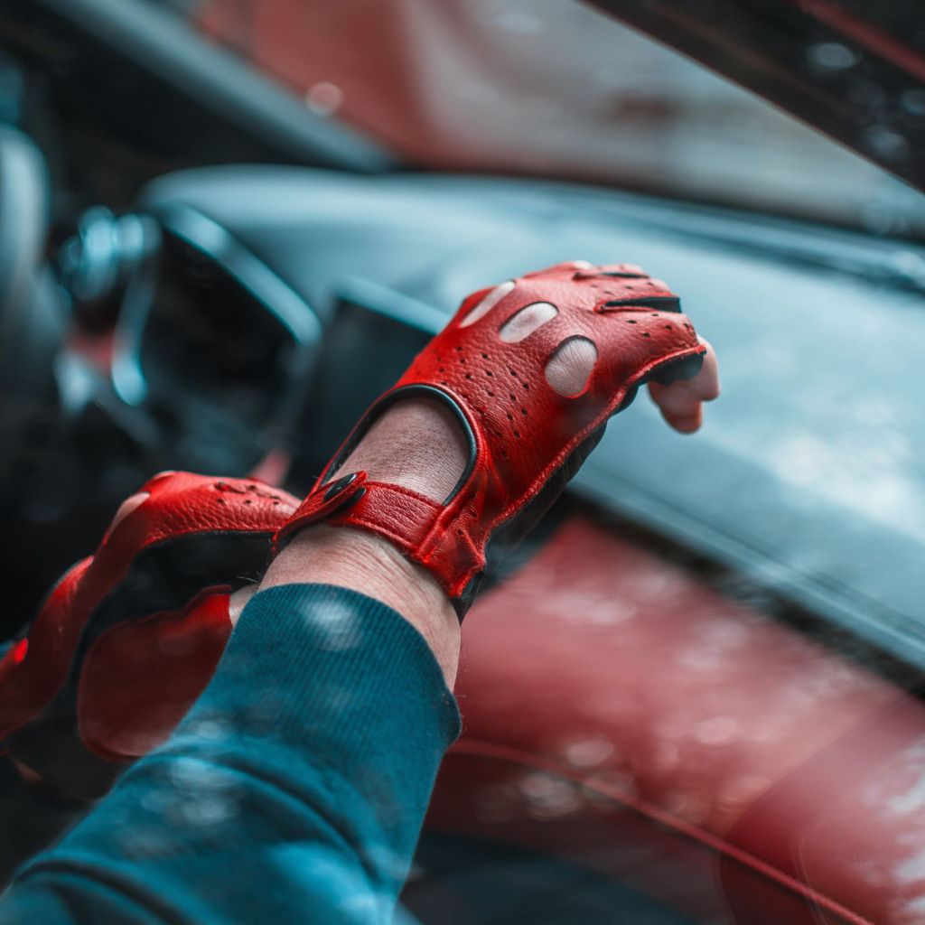 Red and Black Fingerless Leather Driving Gloves Made from American Deer