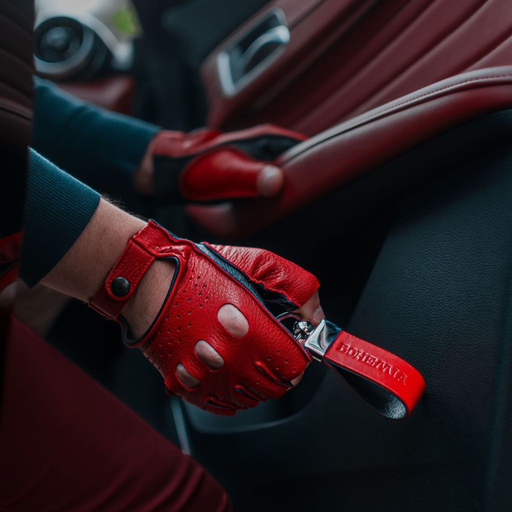 Red and Black Fingerless Leather Driving Gloves Made from American Deer