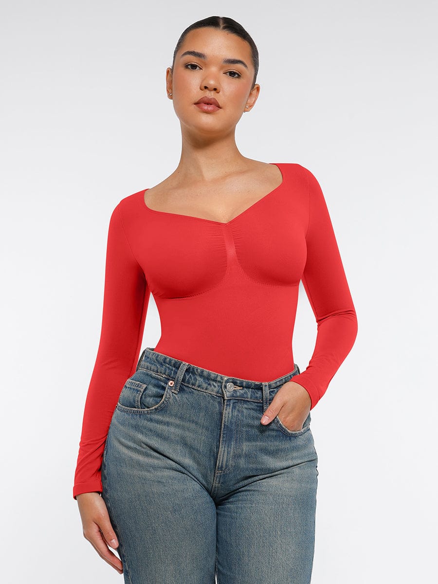 Shaping and Tightening Bodysuit with Long Sleeves, Thong, RED Size: 3XL