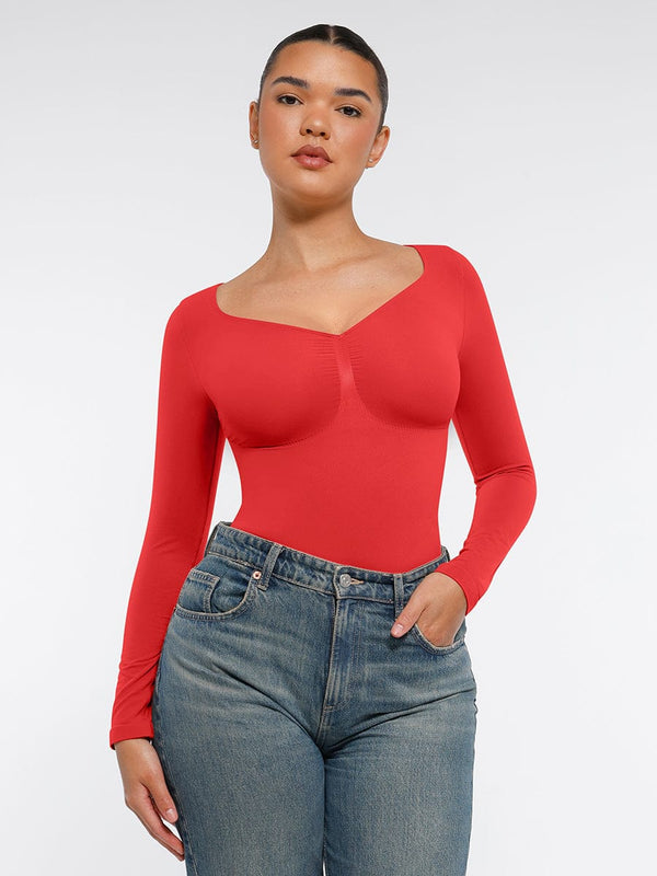 Shaping and Tightening Bodysuit with Long Sleeves, Thong, RED Size: XXL