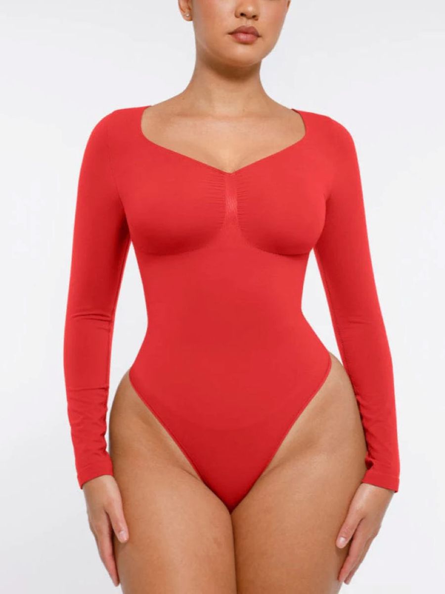 Shaping and Tightening Bodysuit with Long Sleeves, Thong, RED Size: XL