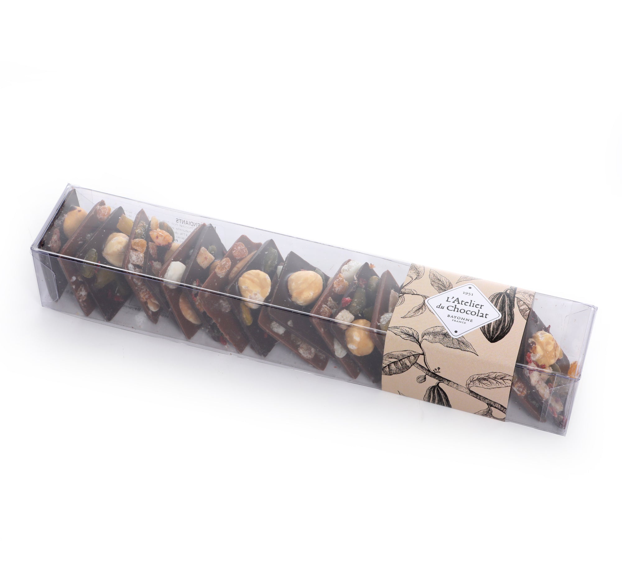Barretta mini mendiants al cioccolato fondente e al latte