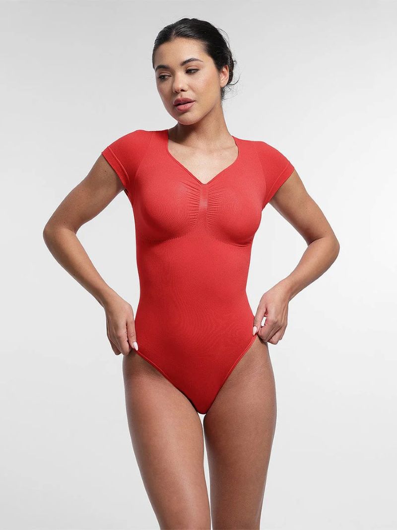 Shaping and Tightening Bodysuit with Short Sleeves, Thong, RED Size: M