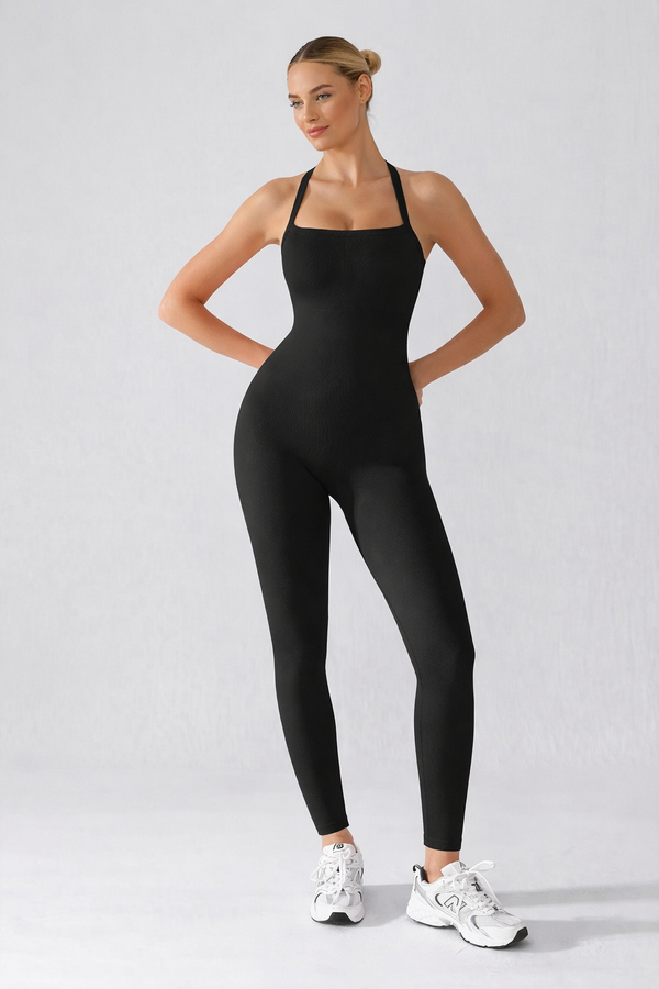 Seamless Sports Jumpsuit with Integrated Bra and Shaping Effect, BLACK size other: M/L