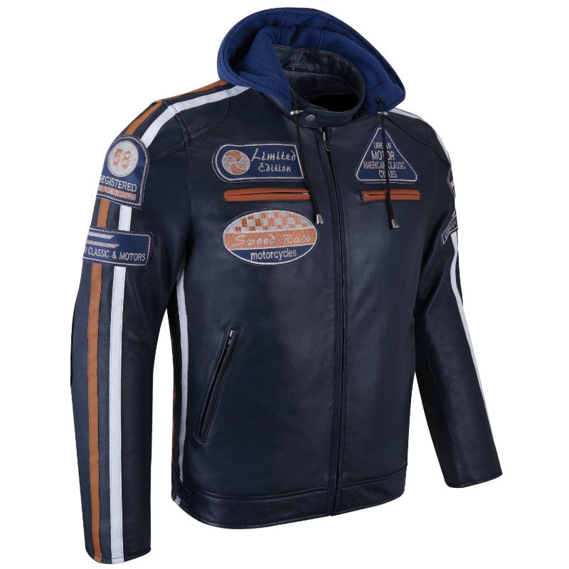 Fifty Eight Leather Men's Motorcycle Jacket - Navy Blue